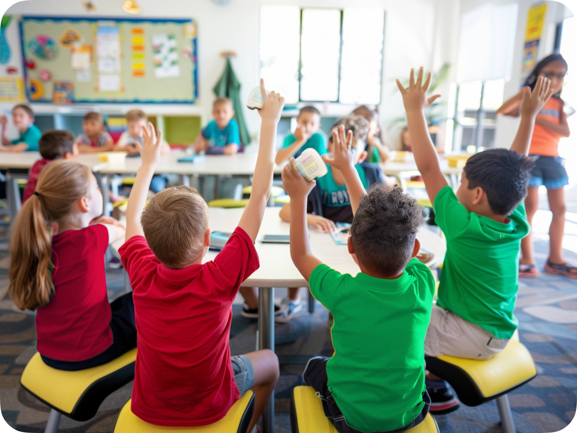 Students in a colorful classroom enthusiastically raising hands, engaged in a gamified learning activity.