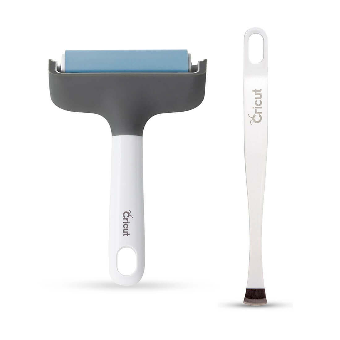 Cricut Applicator and Remover Set featuring a Brayer and tweezers for fabric application and mat maintenance.