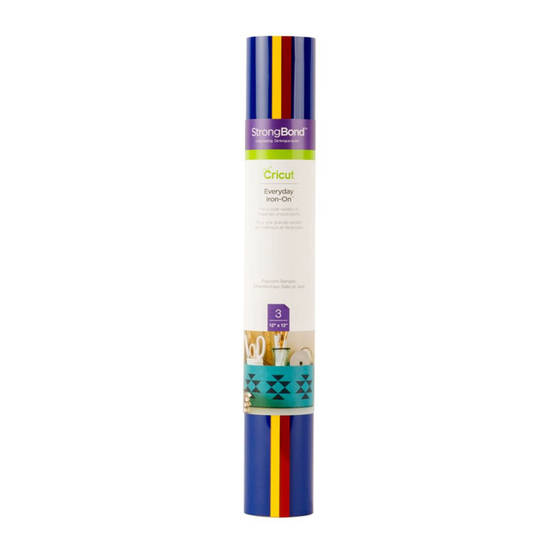 Cricut Everyday Iron-On 12x12" 3-sheet sampler in vibrant primary colors for crafting projects.