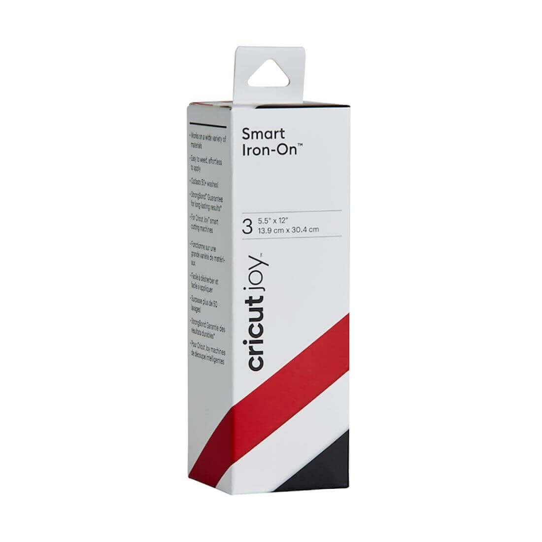 Cricut Joy Smart Iron-On sampler packaging, 5.5x12 inches, featuring black, white, and red colors for creative apparel projects.