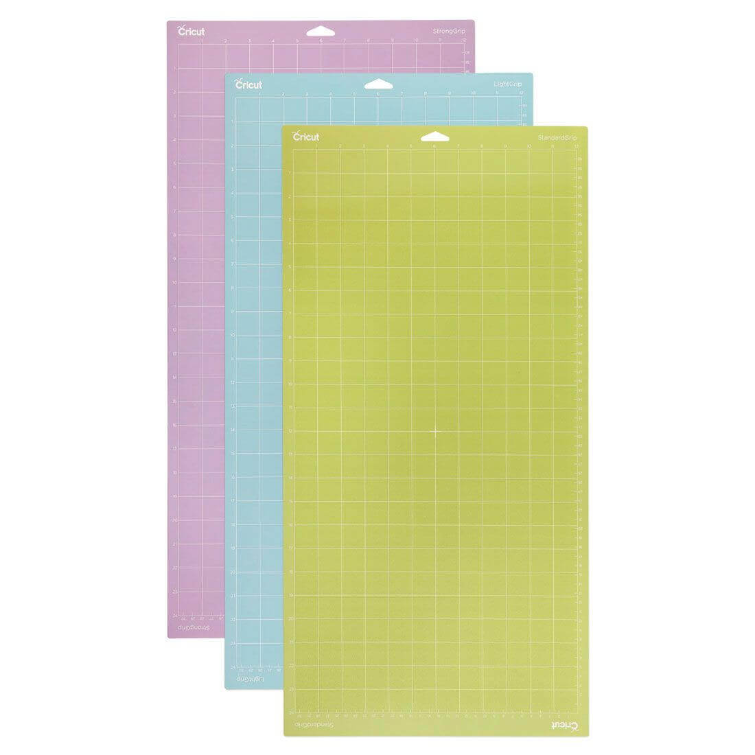 Cricut Machine Mat Variety Pack in pink, blue, and green, 12" x 24" for cutting delicate paper and specialty materials.