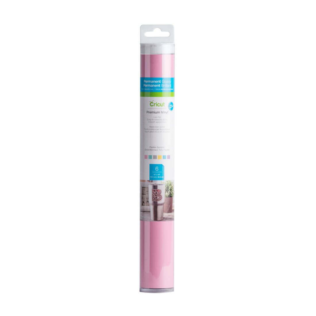 Cricut Premium Vinyl Permanent Sampler pack featuring pastel hues in light pink, 12x12 sheets for crafting projects.