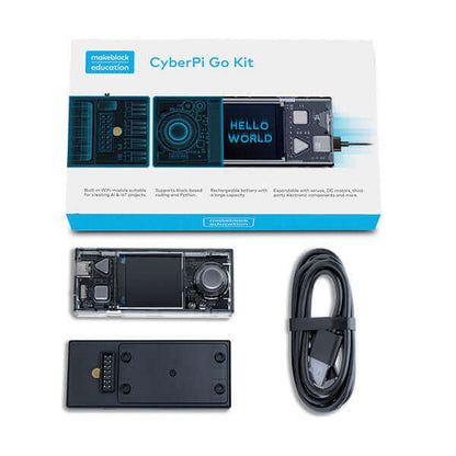 CyberPi Go Kit packaging with microcomputer, display, and accessories for teaching AIoT and Python.
