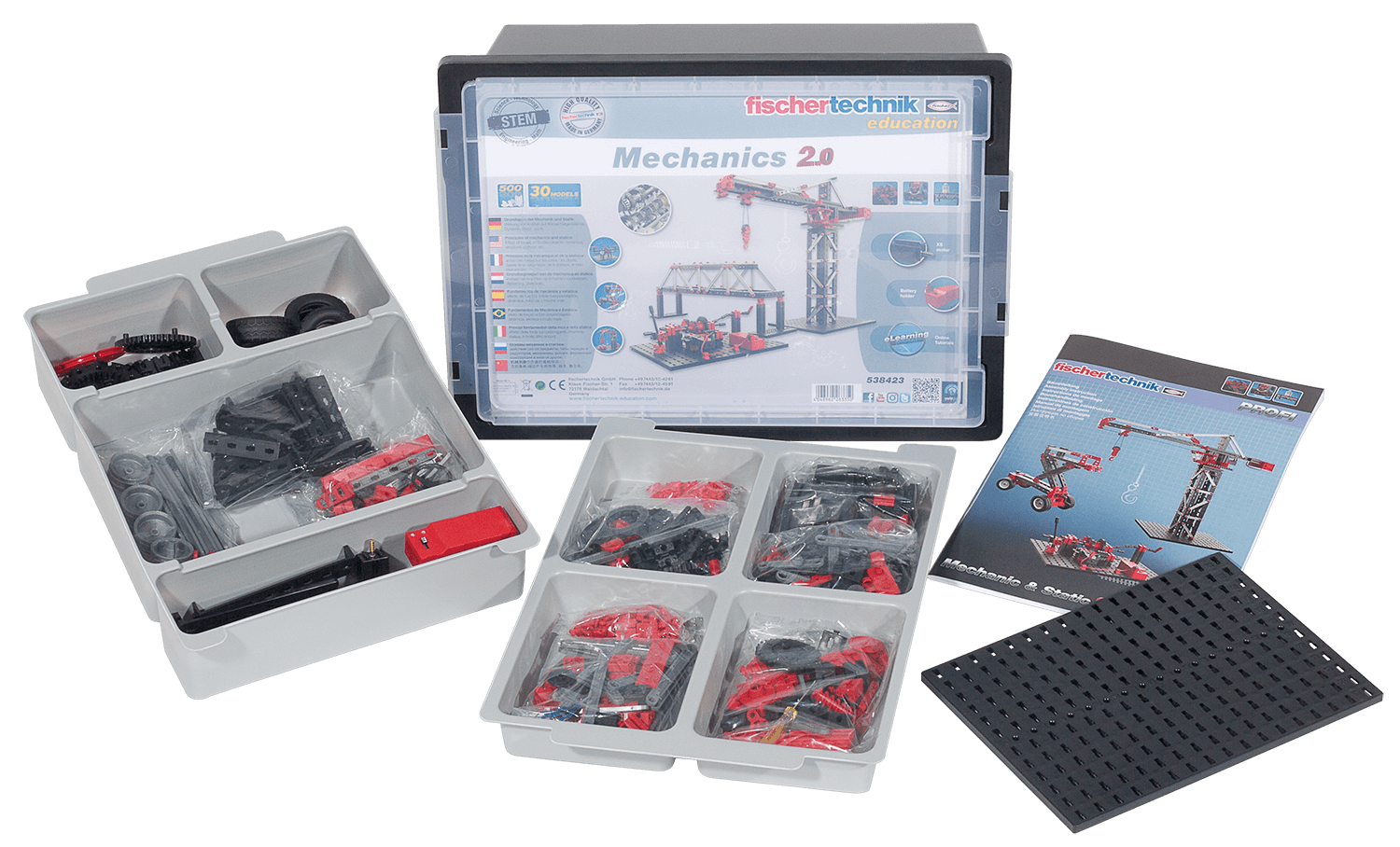 fischer technik Mechanics 2.0 kit with components and manual for learning mechanics and statics
