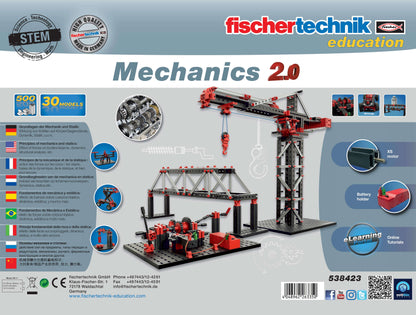 fischertechnik Mechanics 2.0 set showcasing 500 models for understanding mechanics and statics in STEM education.