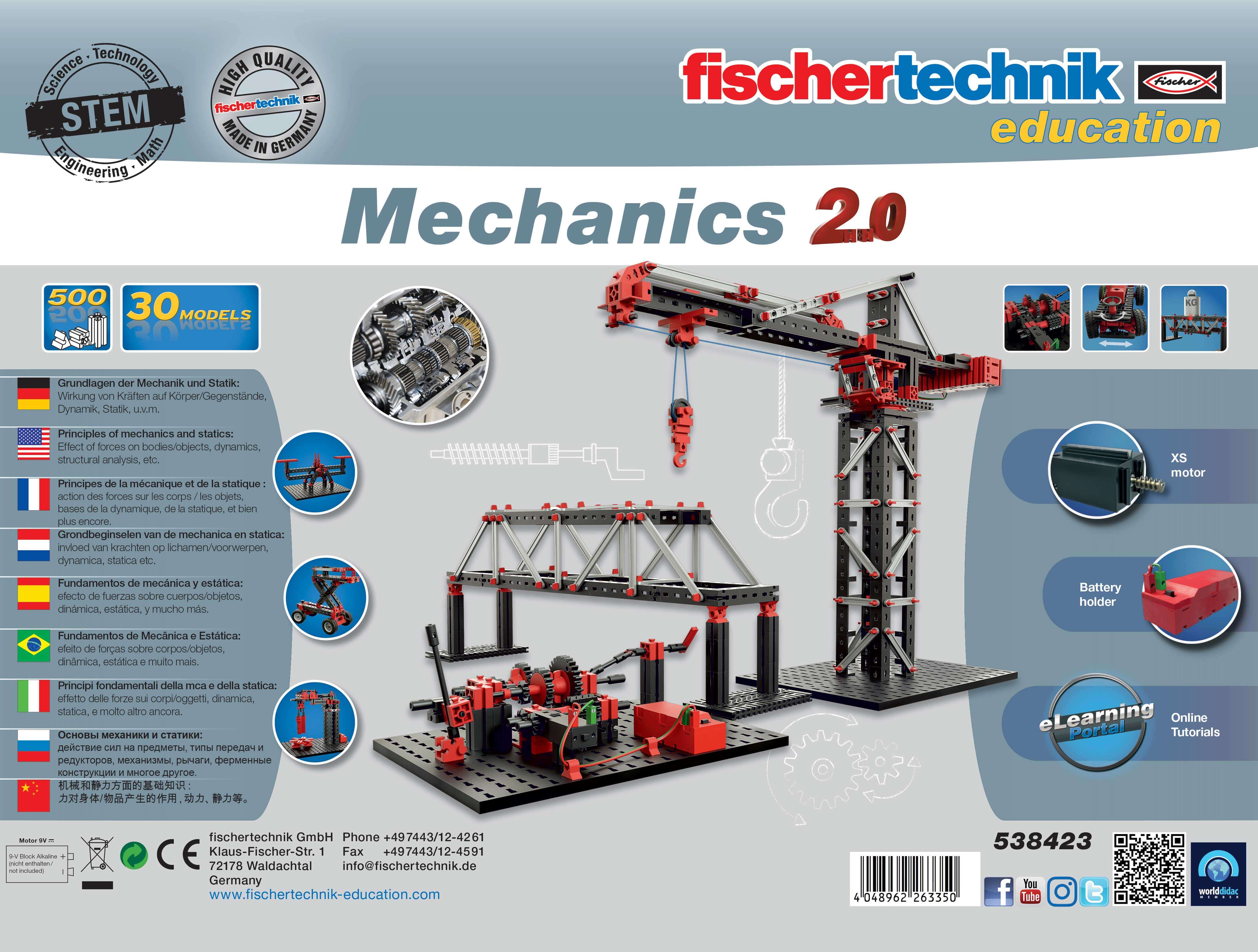 fischertechnik Mechanics 2.0 set showcasing 500 models for understanding mechanics and statics in STEM education.