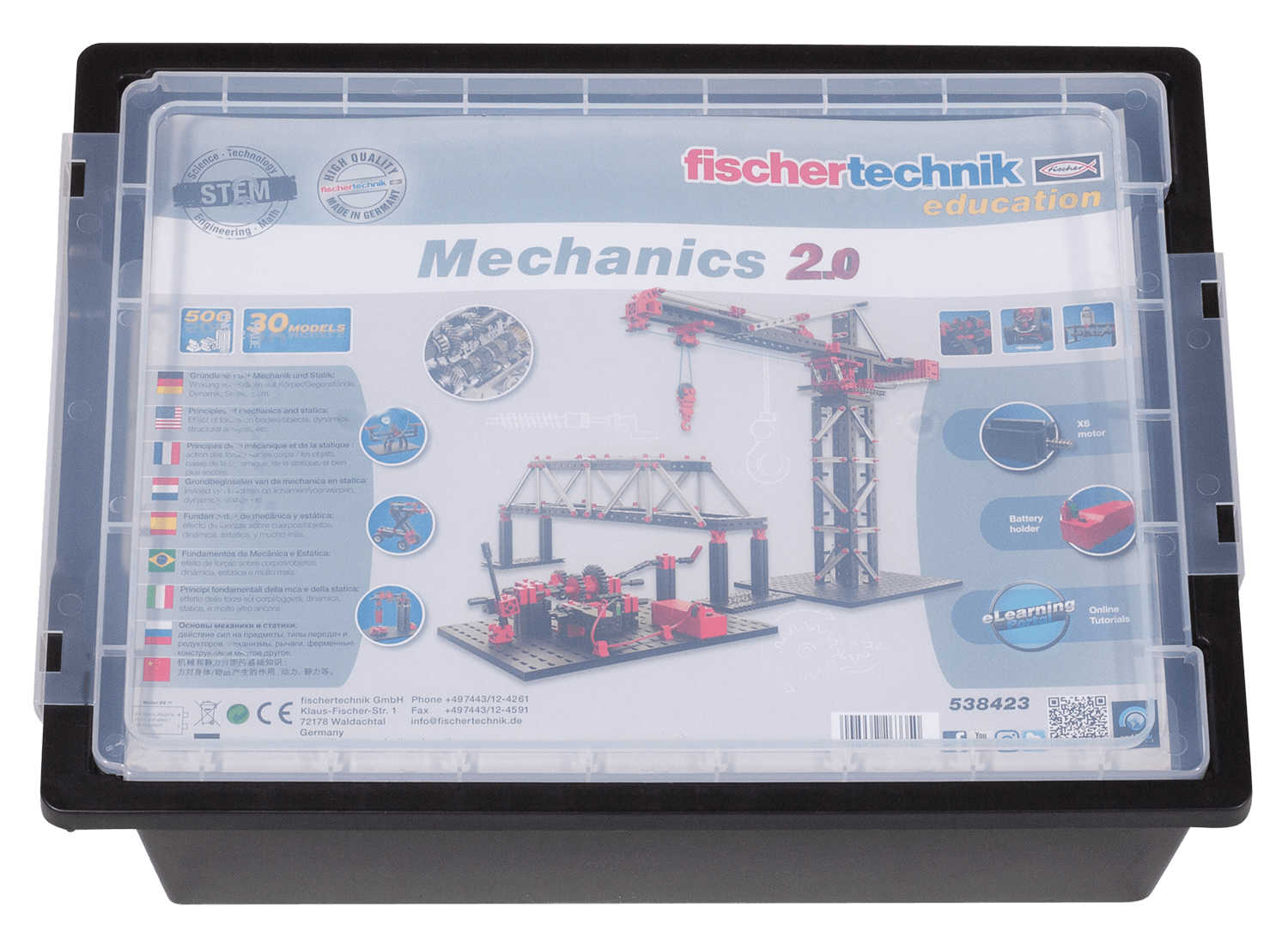 fischertechnik Mechanics 2.0 educational kit with models, ideal for learning mechanics and statics in a sustainable way.