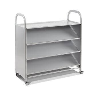 Gratnells Callero Plus Tilting Tray Cart in silver with tilted shelves for easy content viewing, ideal for library use.
