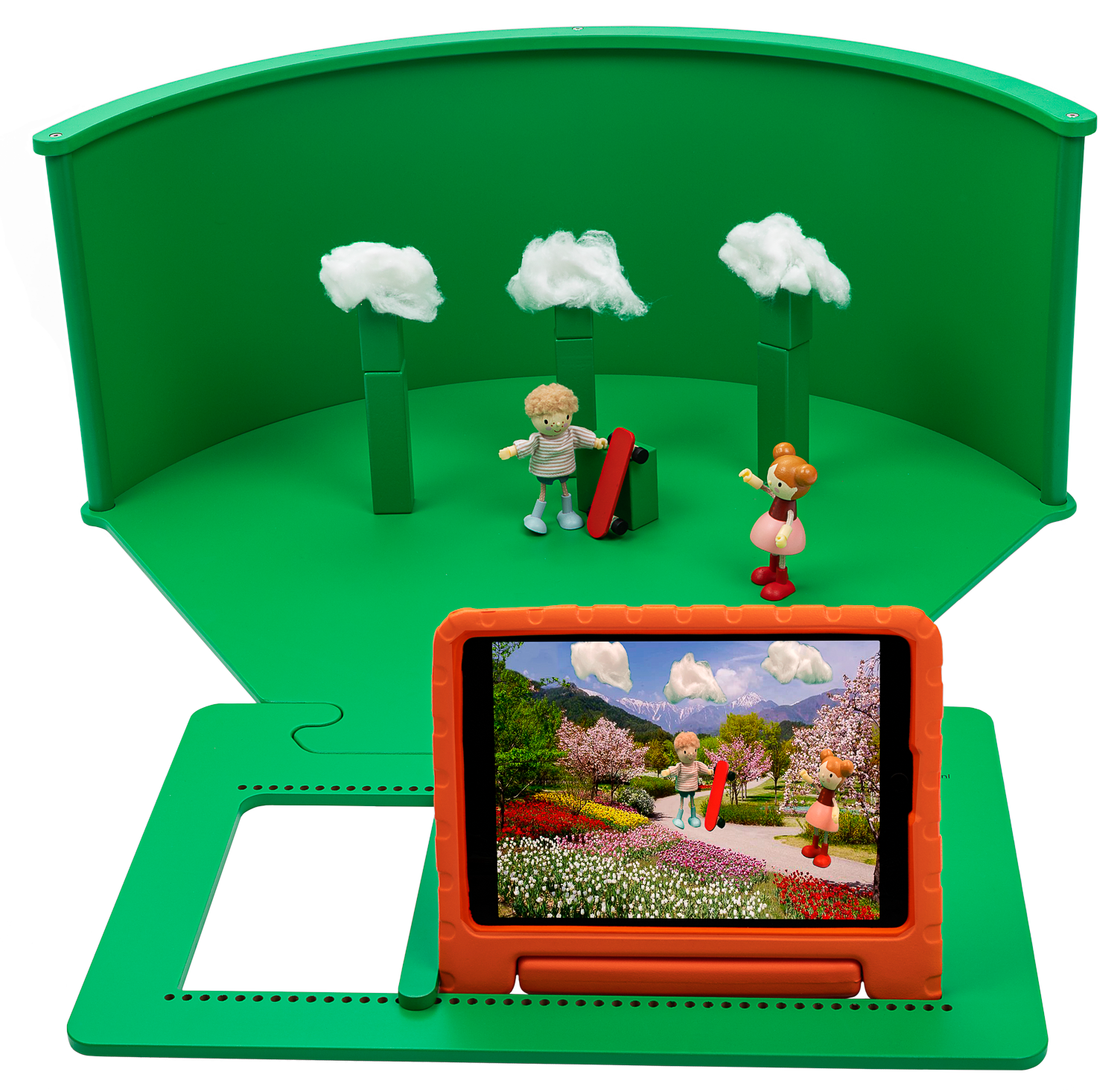 Children's greenscreen playset with figures and tablet for creative role-play adventures and digital storytelling.
