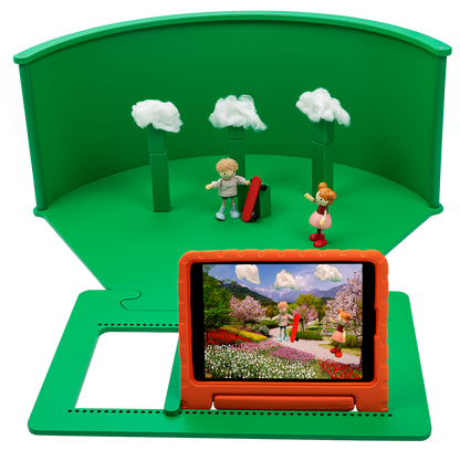 Children's greenscreen playset with figures and tablet for creative role-play adventures and digital storytelling.