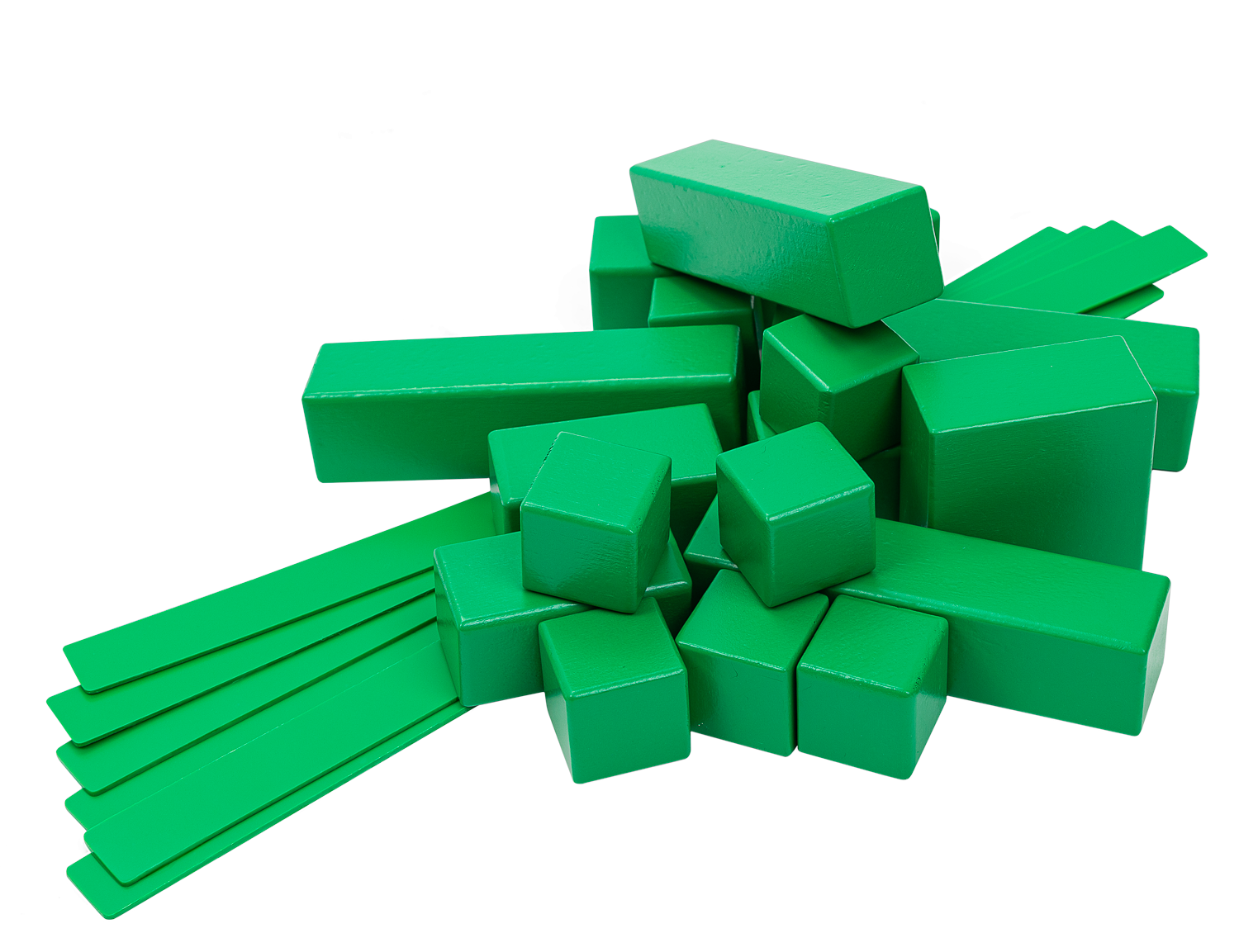 Collection of green tabletop building blocks for creative play and role-playing adventures.