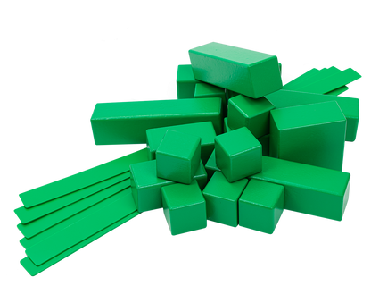 Collection of green tabletop building blocks for creative play and role-playing adventures.