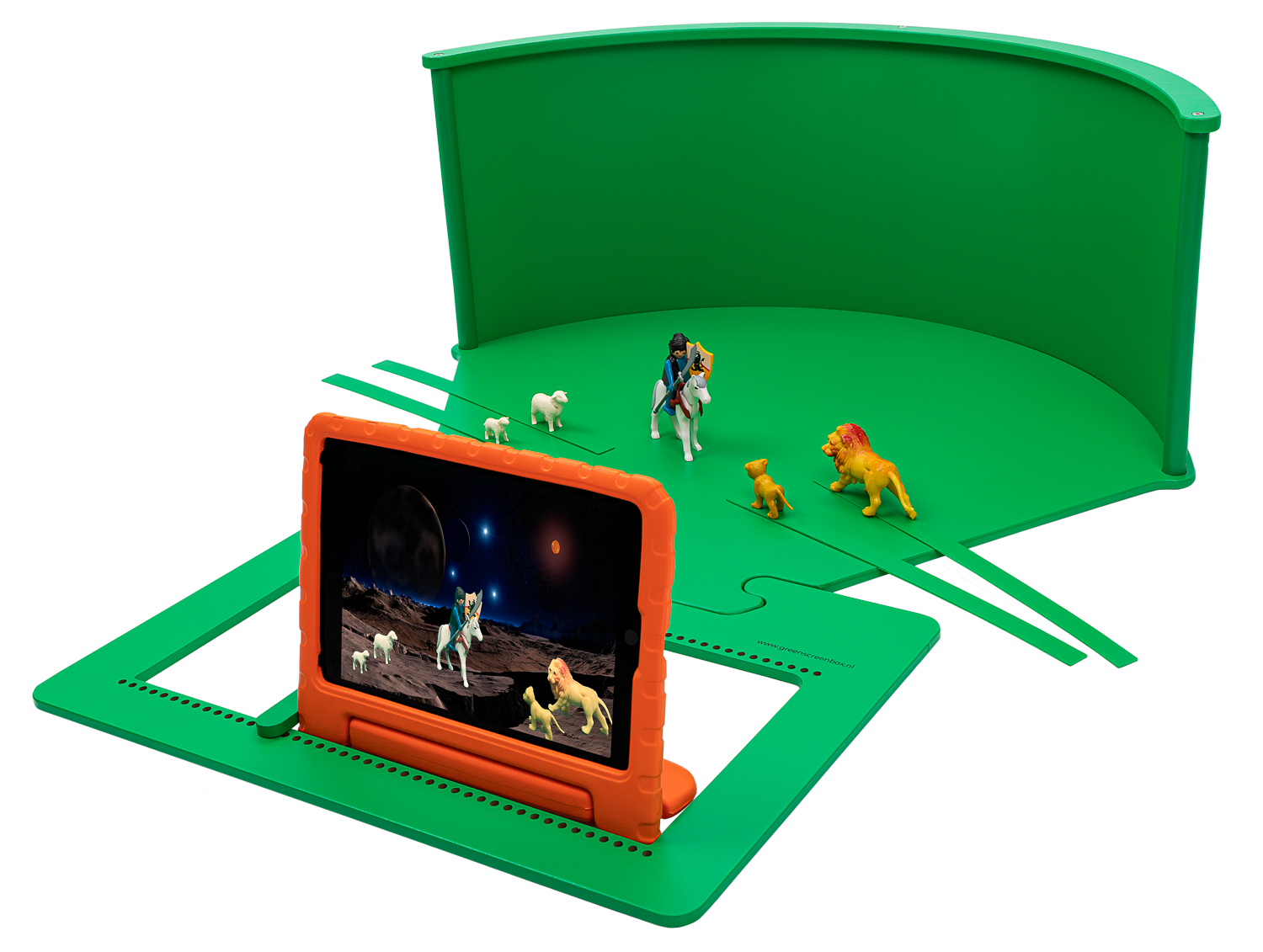Children's greenscreen tabletop for creative role-play and educational adventures.