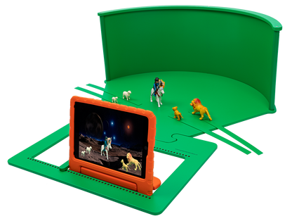 Children's greenscreen tabletop for creative role-play and educational adventures.