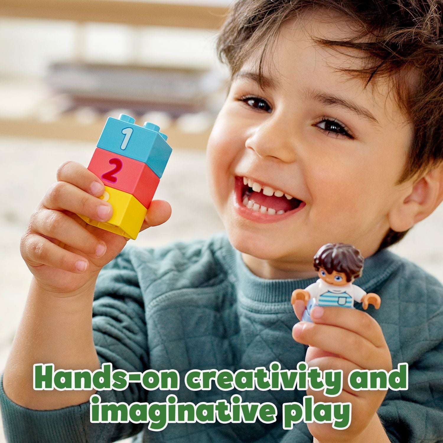 Child playing with colorful LEGO® DUPLO bricks, fostering creativity and imaginative play.