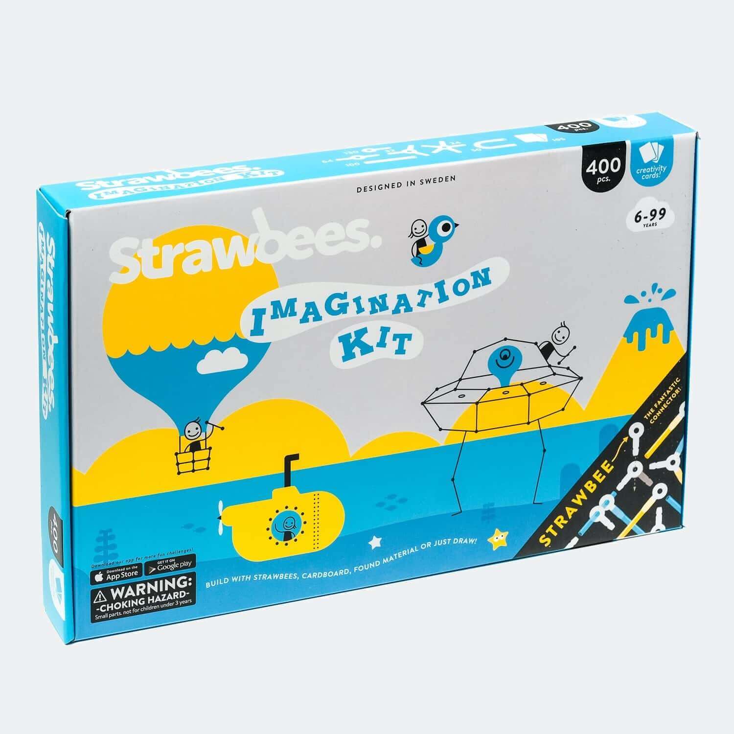 Imagination Kit packaging featuring creative building and storytelling elements for ages 6-99 by Strawbees.
