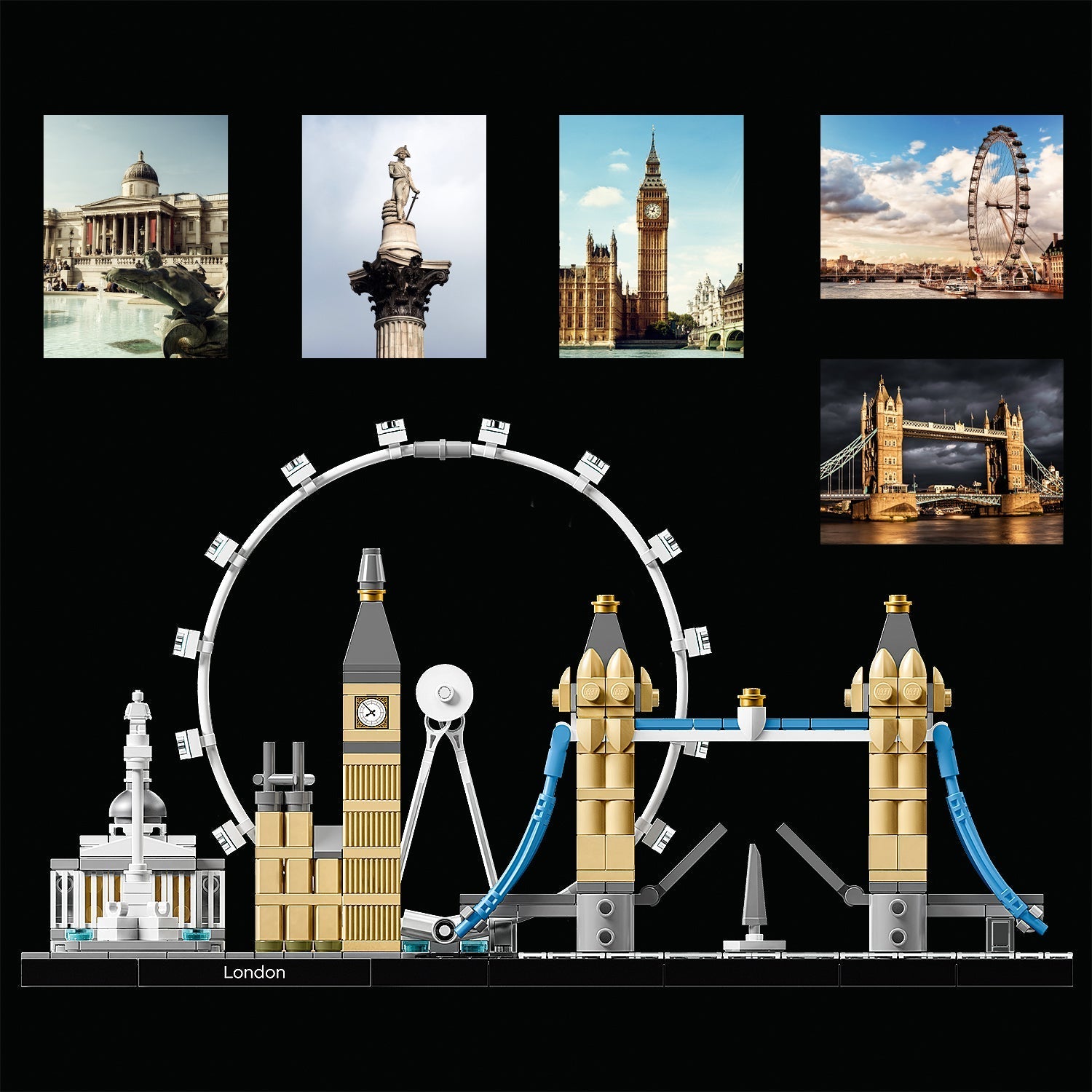 LEGO Architecture London set 21034 showcasing iconic landmarks like Big Ben, London Eye, and Tower Bridge.