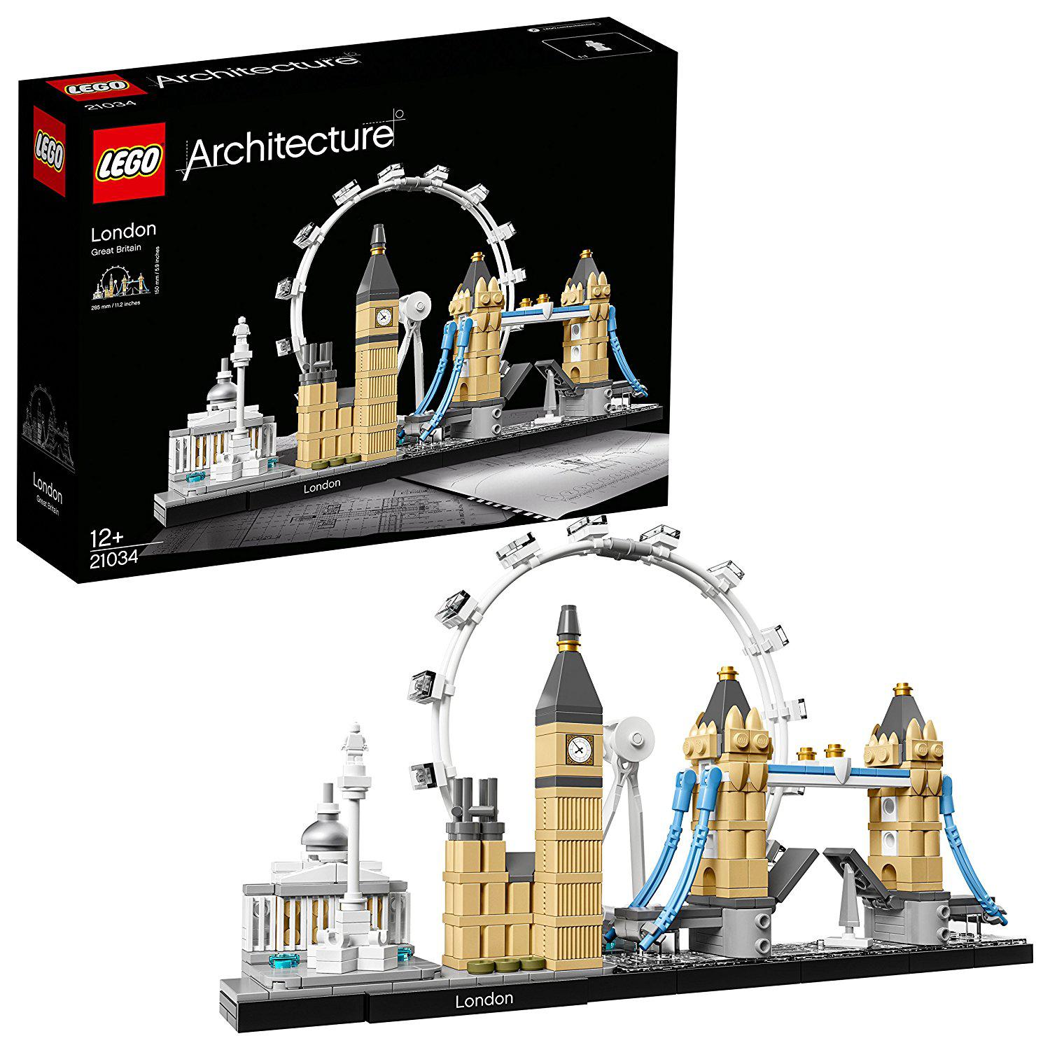 LEGO Architecture London set 21034 featuring iconic landmarks like Big Ben and Tower Bridge in a detailed skyline model.