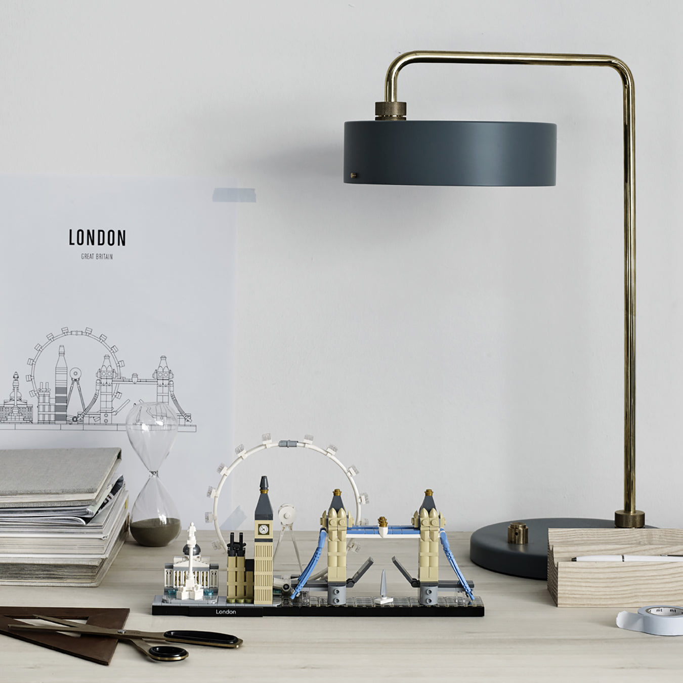 LEGO Architecture London skyline set 21034 featuring Big Ben, Tower Bridge, and the London Eye on a desk.