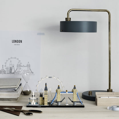LEGO Architecture London skyline set 21034 featuring Big Ben, Tower Bridge, and the London Eye on a desk.