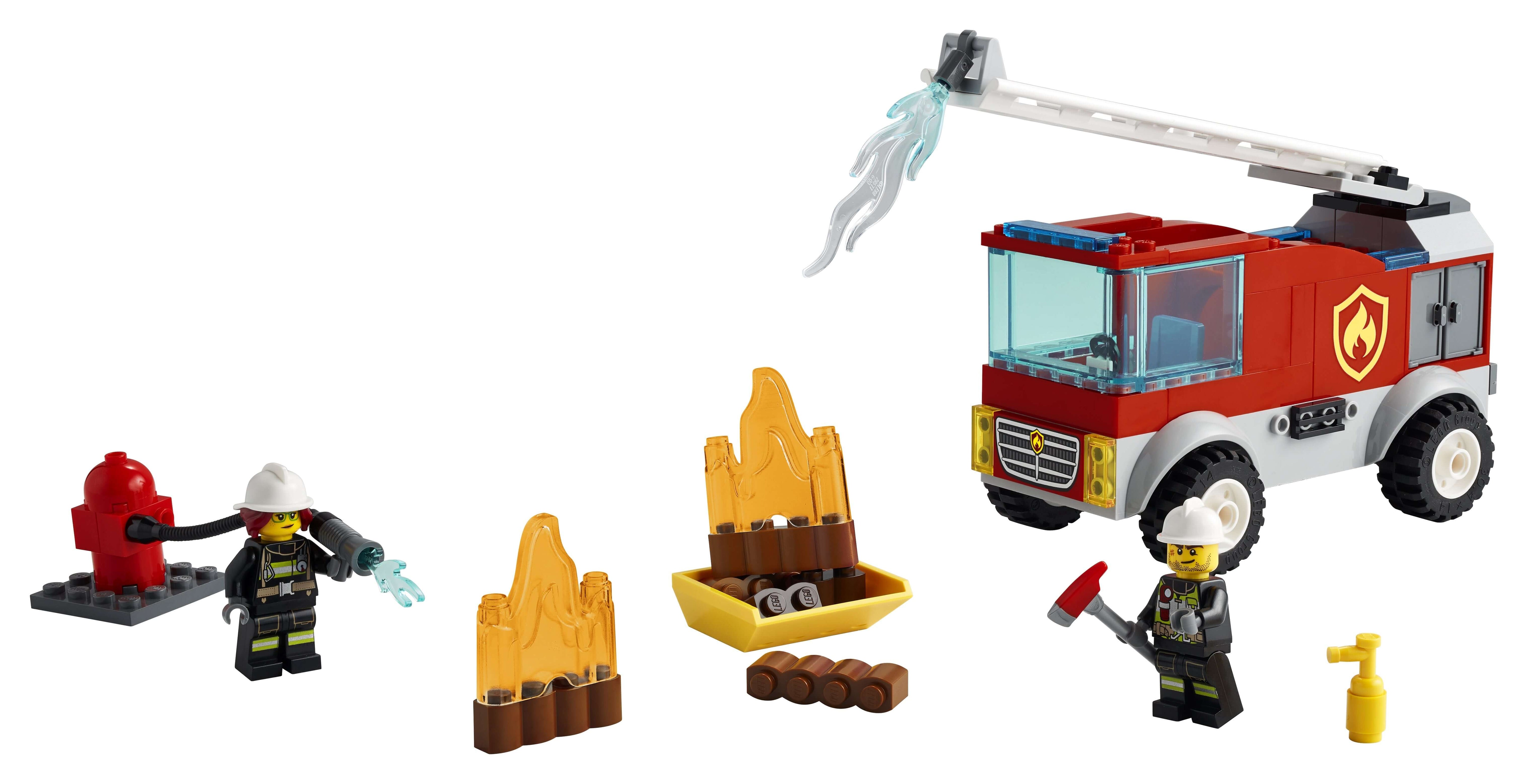LEGO® City Fire Ladder Truck 60280 with firefighters, fire hydrant, and fire flames for kids' imaginative play.