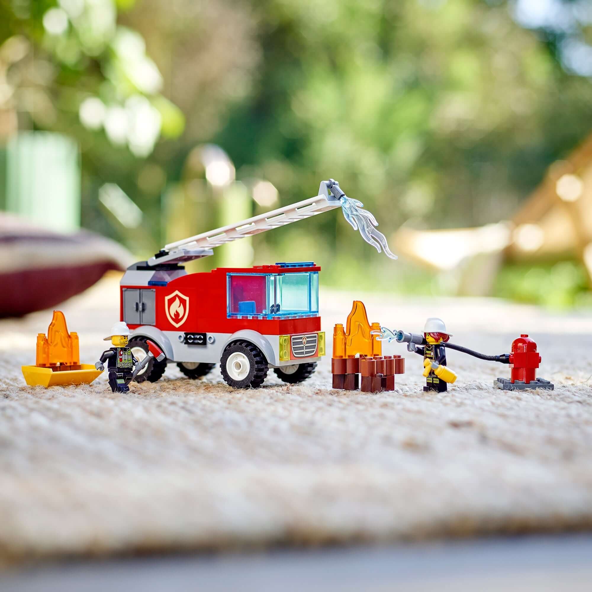 LEGO City Fire Ladder Truck 60280 set with firefighters and accessories, perfect for kids' imaginative play.