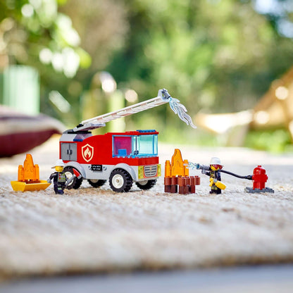LEGO City Fire Ladder Truck 60280 set with firefighters and accessories, perfect for kids' imaginative play.