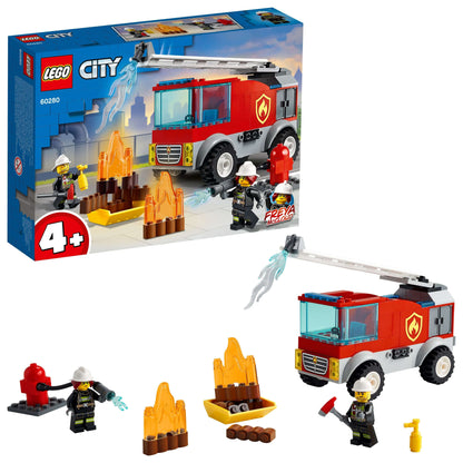 LEGO® City Fire Ladder Truck Toy 60280 set featuring fire engine, firefighter figures, and flames for kids 4 years and up.