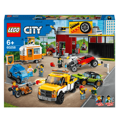 LEGO® City Nitro Wheels Tuning Workshop Set 60258 featuring vehicles and characters from LEGO® City TV series.