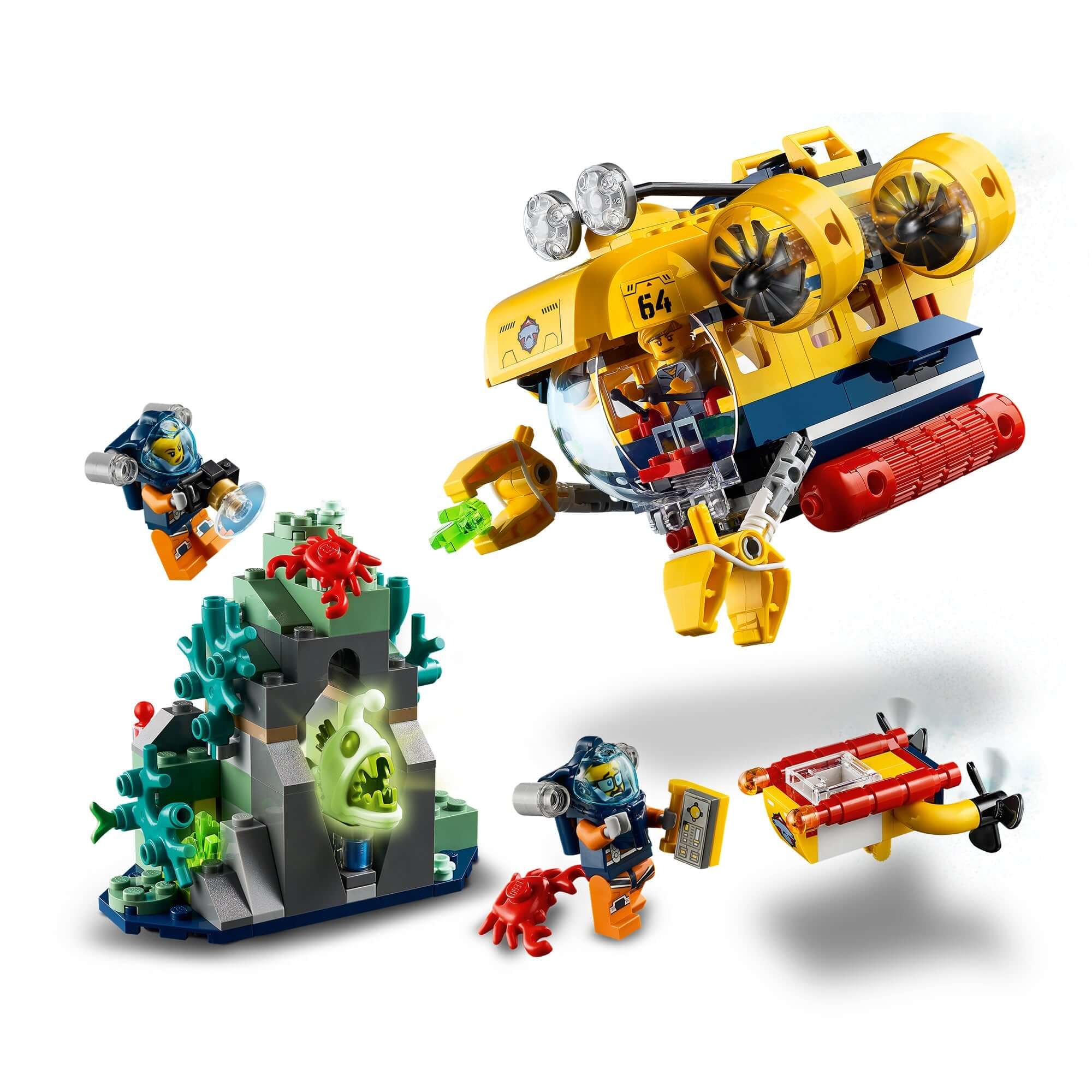 LEGO® City Ocean Exploration Submarine Set 60264 with divers, coral reef, and underwater scene for creative play.