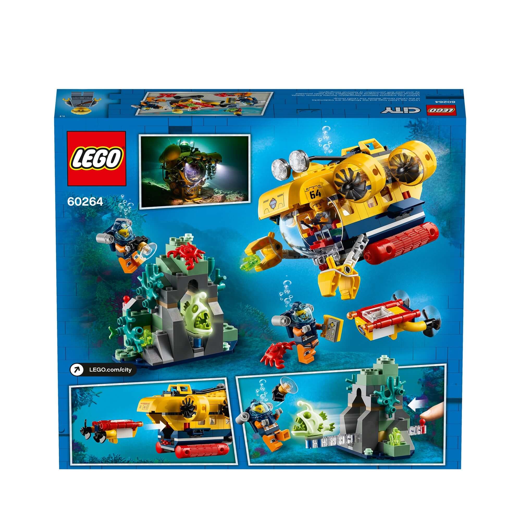 LEGO® City Ocean Exploration Submarine Sea Set 60264, featuring underwater adventure elements and National Geographic support.