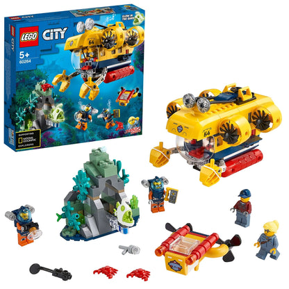 LEGO City Ocean Exploration Submarine Set 60264 with divers, submarine, and ocean elements for kids' play.