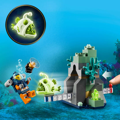 LEGO® City Ocean Exploration Submarine set featuring diver and glowing fish at an underwater rock formation.
