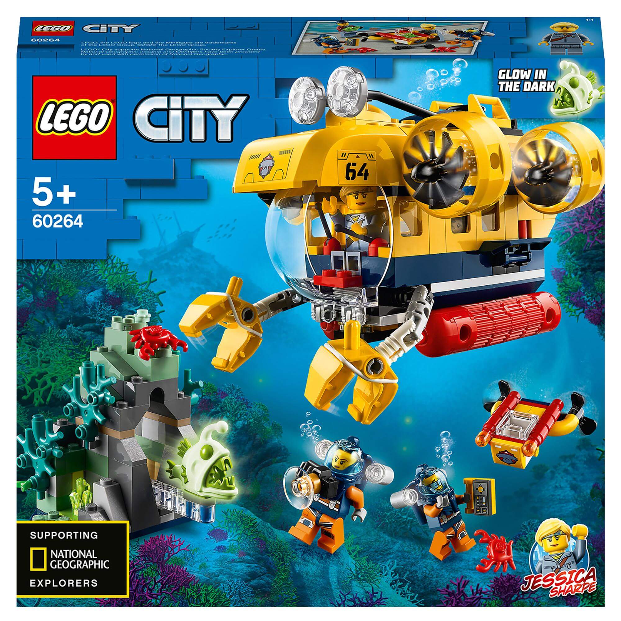 LEGO City Ocean Exploration Submarine Set 60264 with divers exploring underwater scenes, supporting National Geographic.