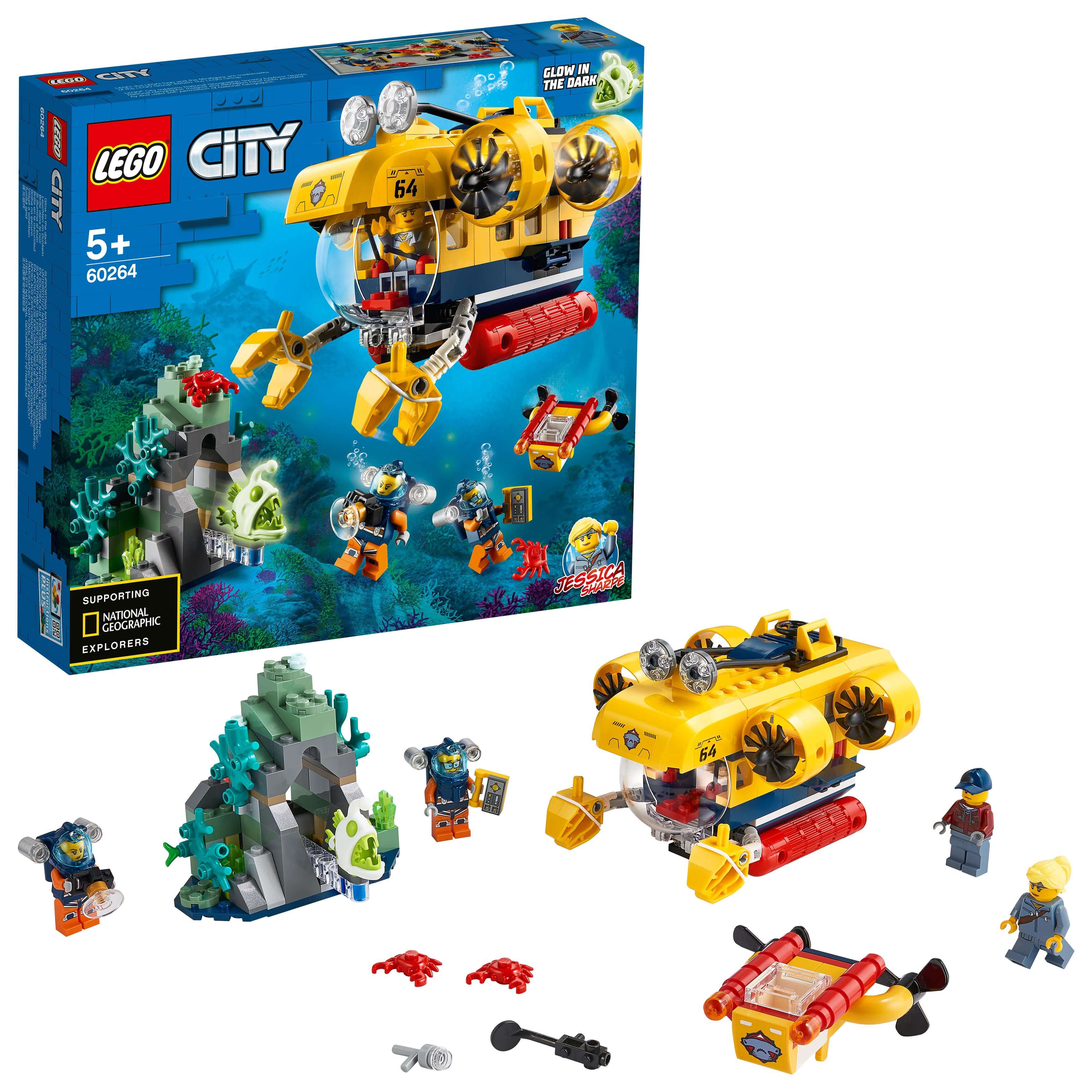 LEGO City Ocean Exploration Submarine Set 60264 with yellow submarine, divers, and underwater accessories for kids.