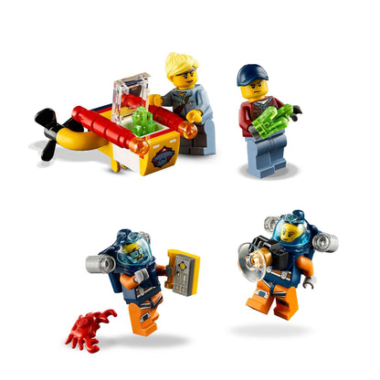 LEGO City Ocean Exploration Submarine set 60264 with divers, crab, and underwater equipment for kids.