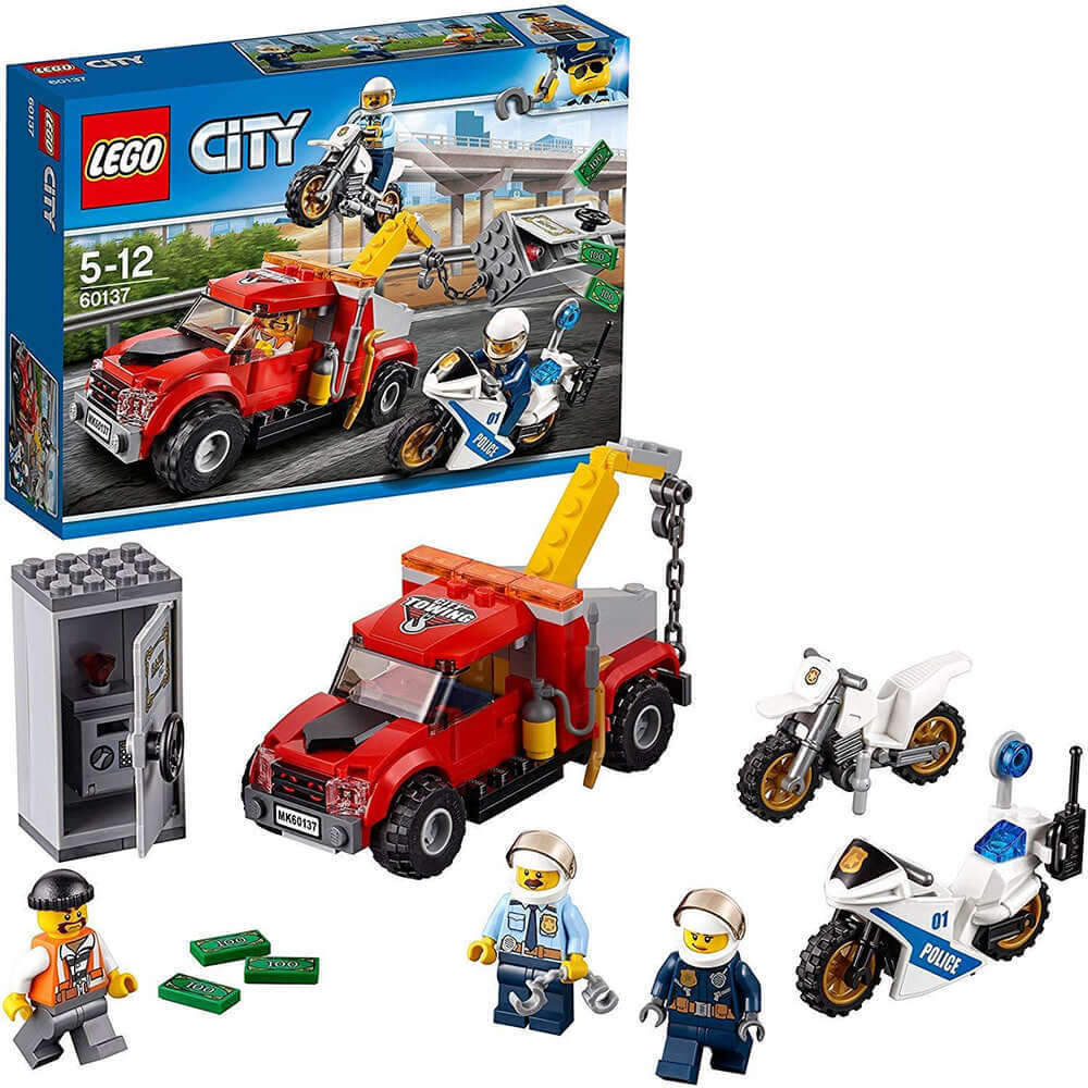 LEGO City police Tow Truck Trouble 60137 set with tow truck, police bikes, minifigures, and safe for action play.