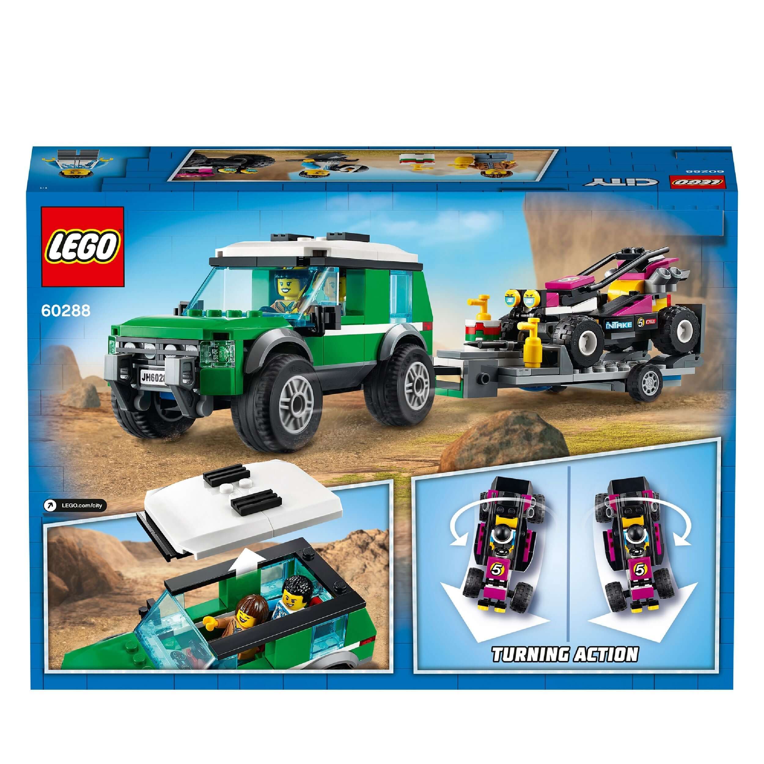 LEGO® City Race Buggy Transporter 60288 with off-roader, trailer, Baja race buggy, and minifigures for kids.