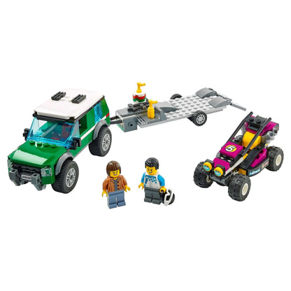 LEGO® City Race Buggy Transporter set with SUV, trailer, race buggy, and two driver minifigures for kids.