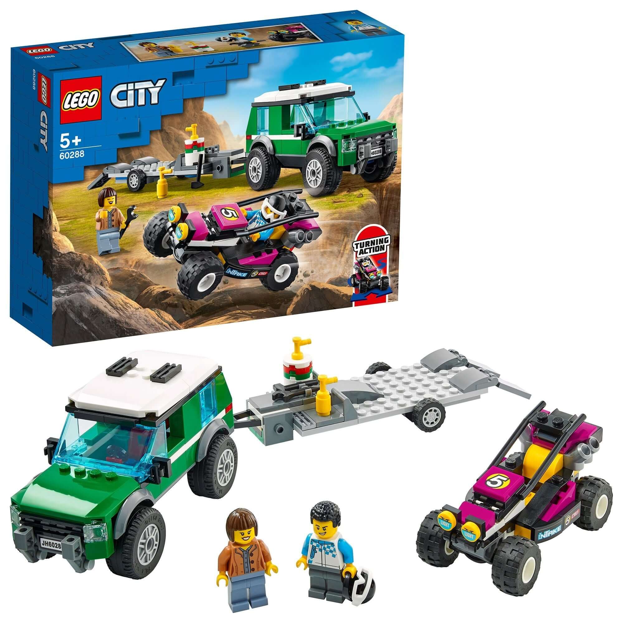 LEGO City Race Buggy Transporter Toy Truck 60288 with SUV, trailer, Baja race buggy, and two driver minifigures.
