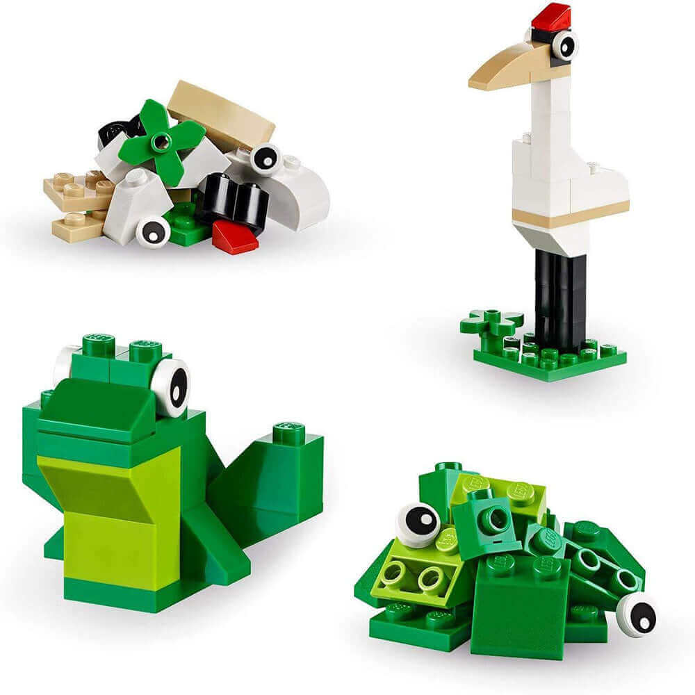 Colorful LEGO builds showcasing a frog, stork, and creative green structures. Ideal for imaginative play and construction.