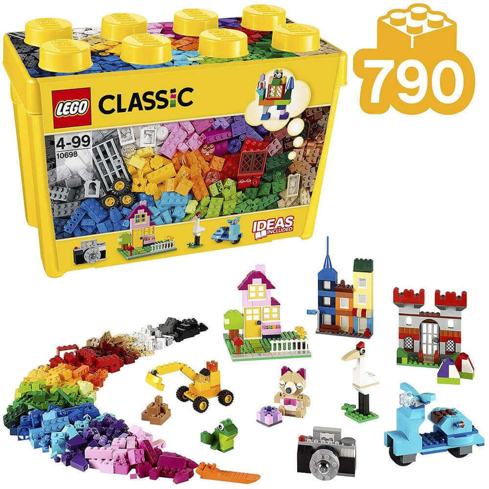 LEGO Classic Large Creative Brick Box Set 10698 featuring colorful bricks, windows, doors, and creative building ideas.