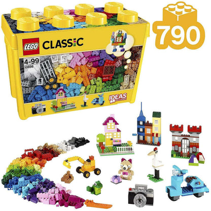 LEGO Classic Large Creative Brick Box Set 10698 featuring colorful bricks, windows, doors, and creative building ideas.