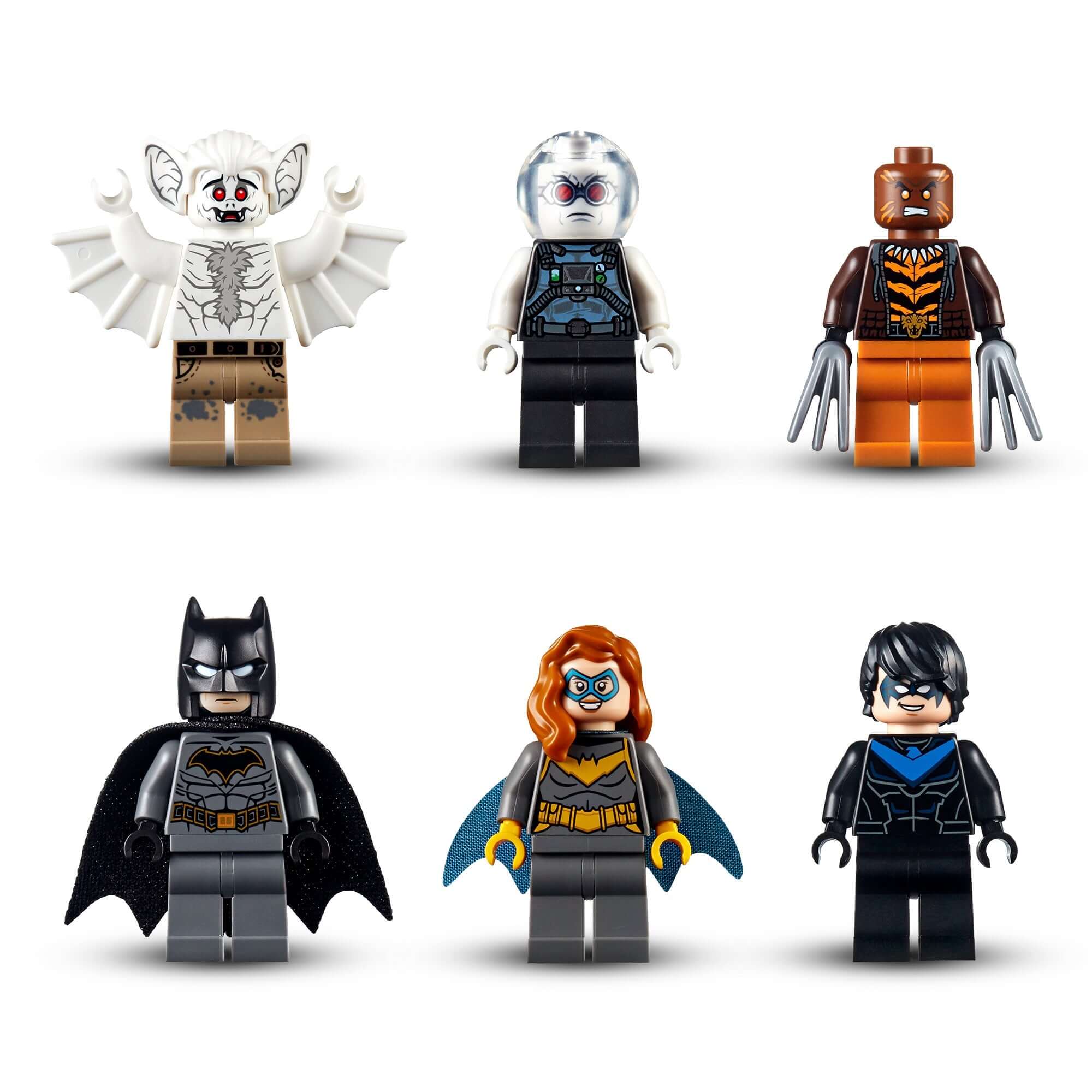 LEGO® DC Batman Mobile Bat Base Toy minifigures including Batman, Batgirl, Nightwing, and others in dynamic poses.
