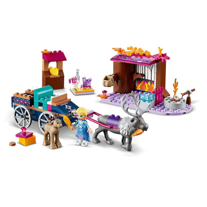 LEGO Disney Frozen 2 Elsa's Wagon Adventure set with Elsa, Sven, and play accessories for imaginative fun.