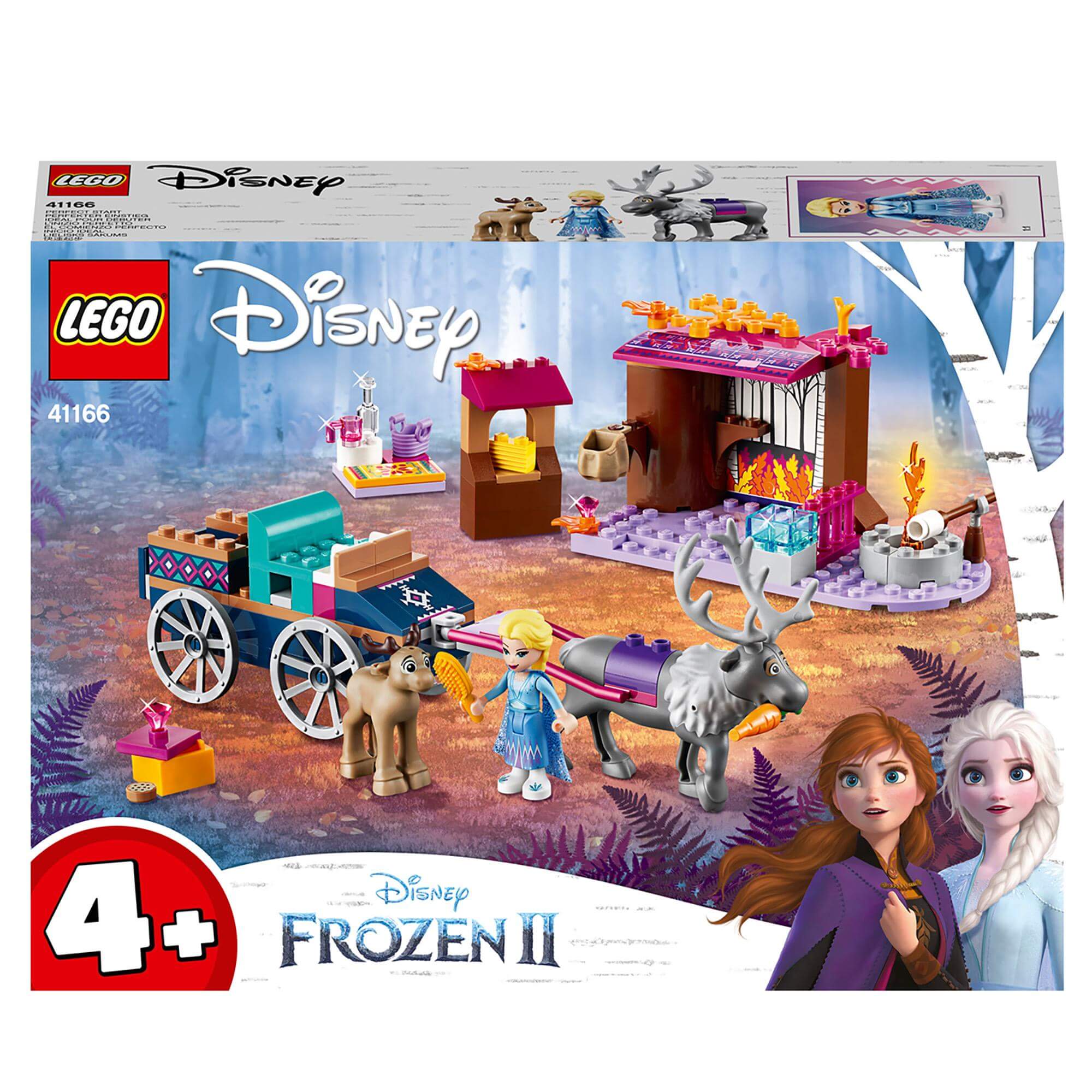 LEGO Disney Frozen 2 Elsa's Wagon Adventure 41166 set with Elsa, Anna, and Sven in a forest scene.