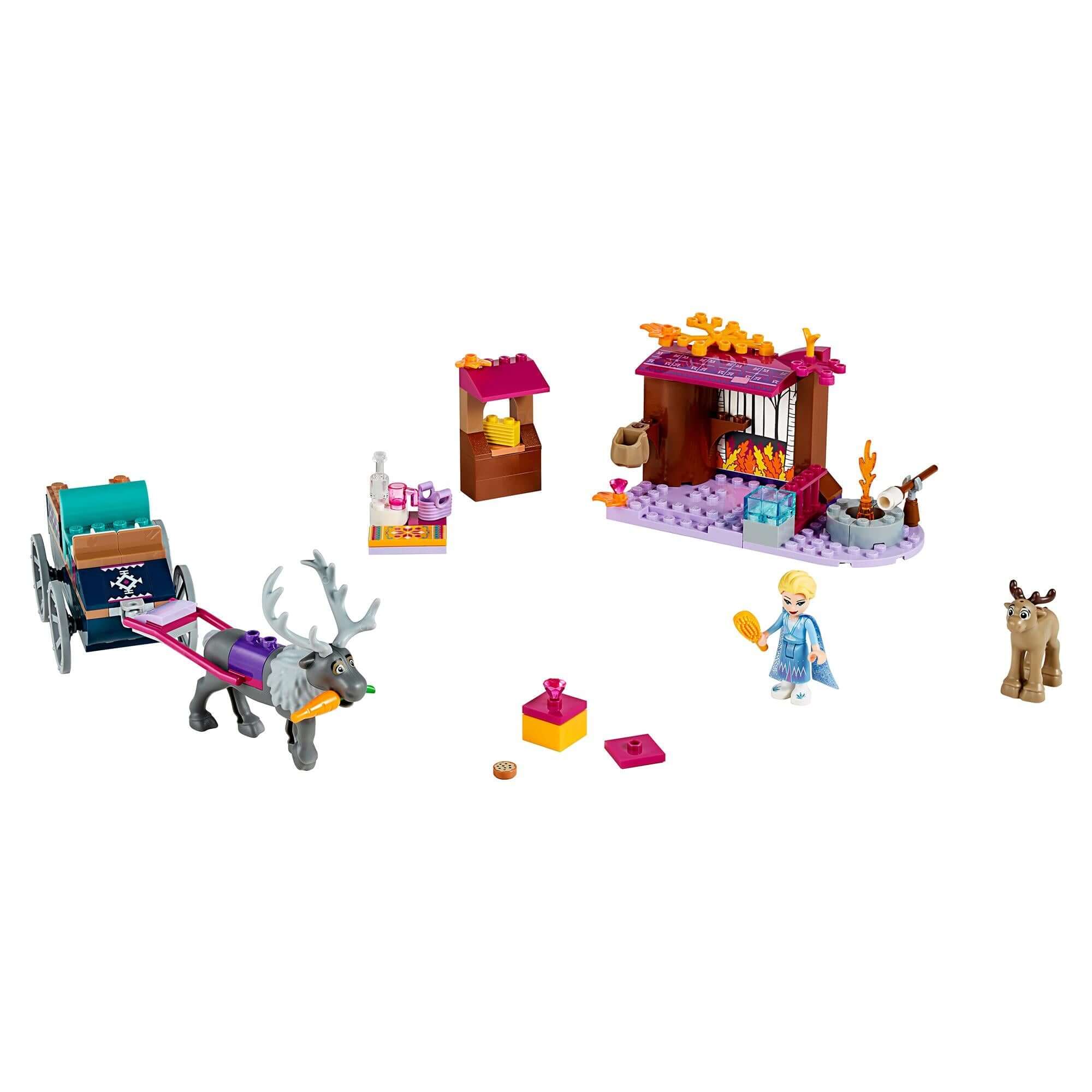LEGO Disney Frozen 2 Elsa's Wagon Adventure set featuring Elsa, Sven, wagon, and playset details.
