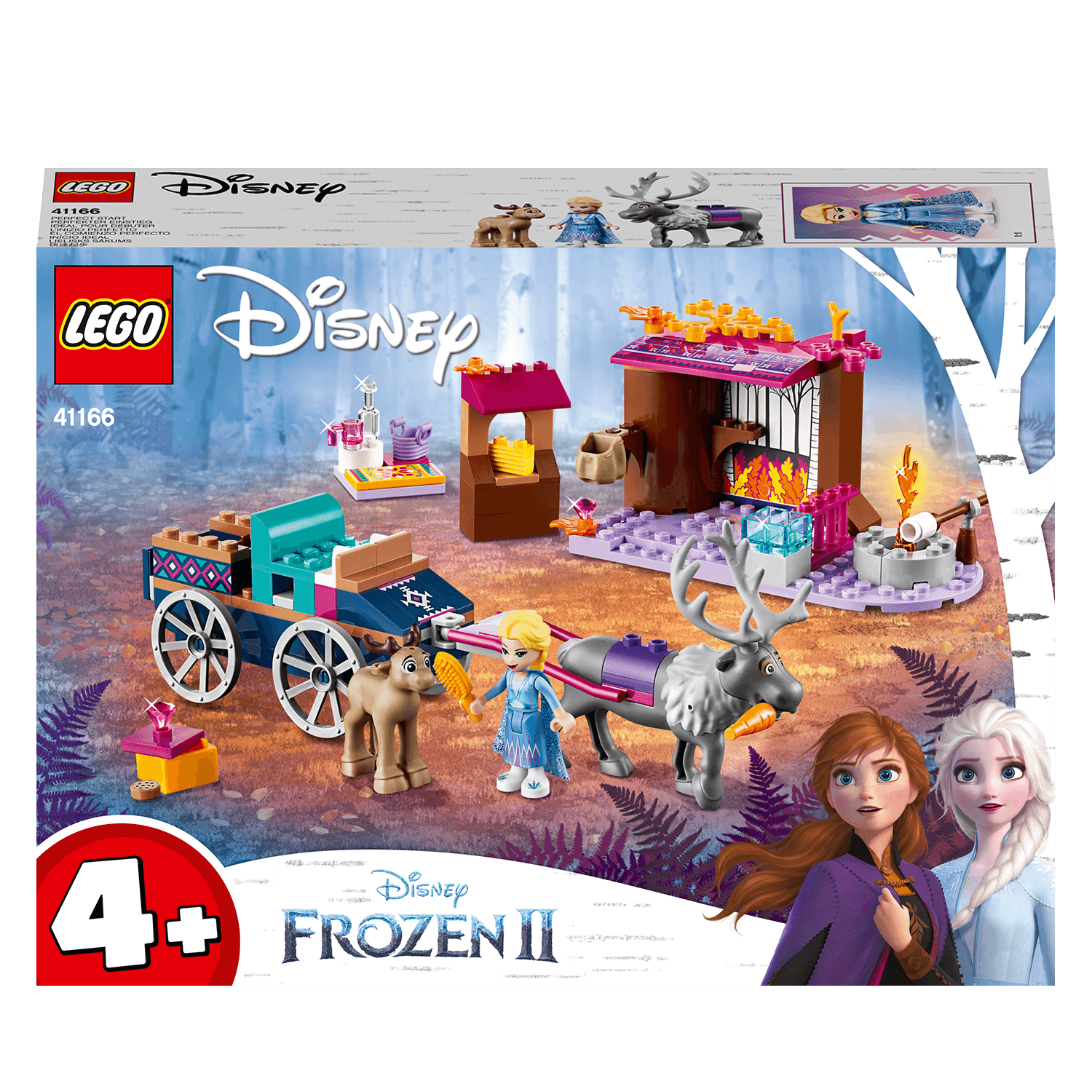 LEGO Disney Frozen 2 set 41166 featuring Elsa, Anna, and a wagon adventure scene with Sven in a magical forest.