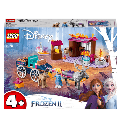 LEGO Disney Frozen 2 set 41166 featuring Elsa, Anna, and a wagon adventure scene with Sven in a magical forest.