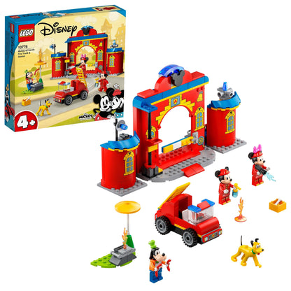 LEGO® Disney Mickey Mouse Fire Engine & Station 10776 with minifigures, dog figure, and fire station building.